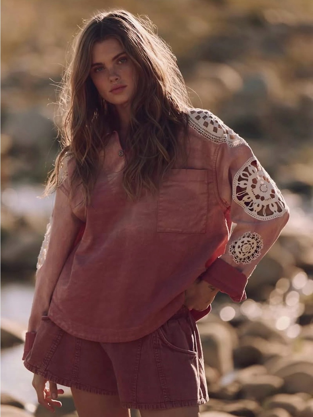 We The Free Rose Crochet-Sleeve Pullover Top